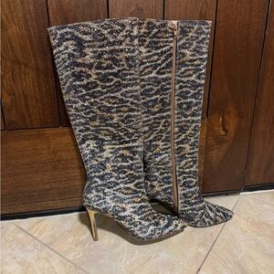 NWOT Betsey Johnson Rhinestone Leopard Print Over the Knee Heeled Boots sz 6.5